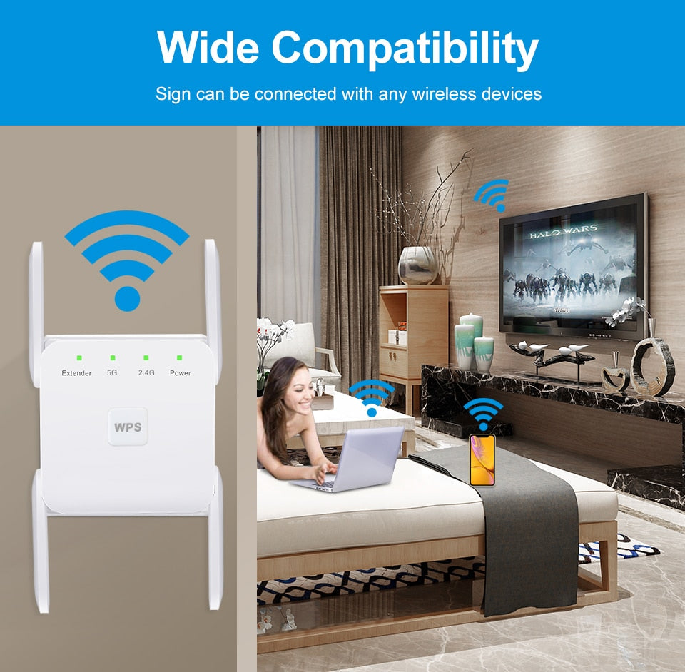 2.4G 5Ghz Wireless WiFi Repeater Wi Fi Booster 300M 1200 Mbps