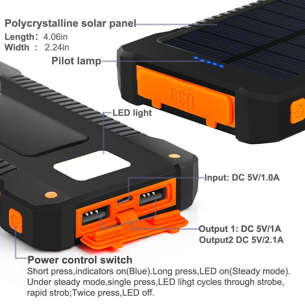30000mAh Solar Dual USB Waterproof Power Bank with LED Light
