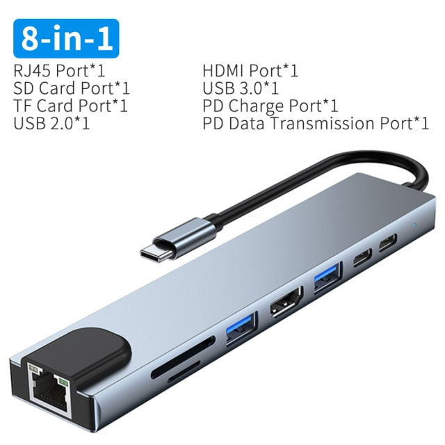 8 in 1 USB 3.0 Hub  Adapter RJ45 HDMI TF/SD Card Notebook Type-C Splitter