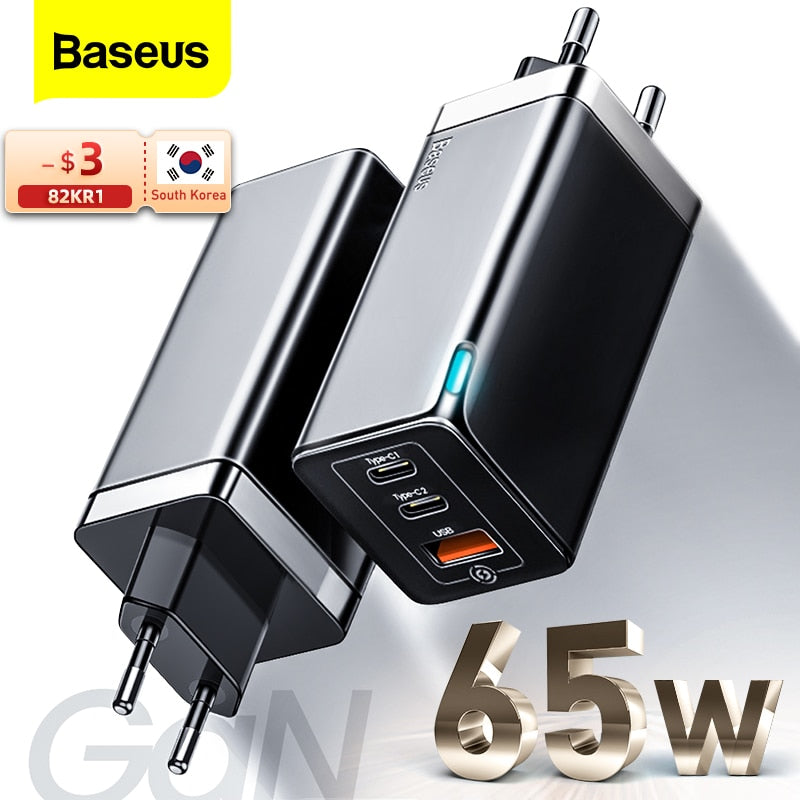 Baseus 3 Port GaN 65W USB and C Charger  4.0 3.0 QC4.0